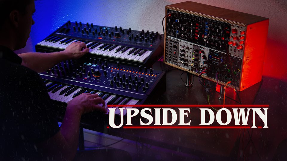 Video thumbnail: Philipp playing two synthesizers next to a modular rack, text “Upside Down”